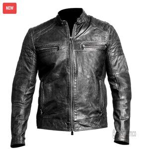 Vintage Lambskin Leather Biker Jacket Motorcycle Style Men's Standard Length